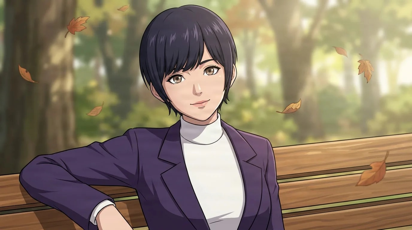 Akiko Otomo, a short dark-haired woman in a purple blazer and white turtleneck, sits on a park bench amid falling leaves.