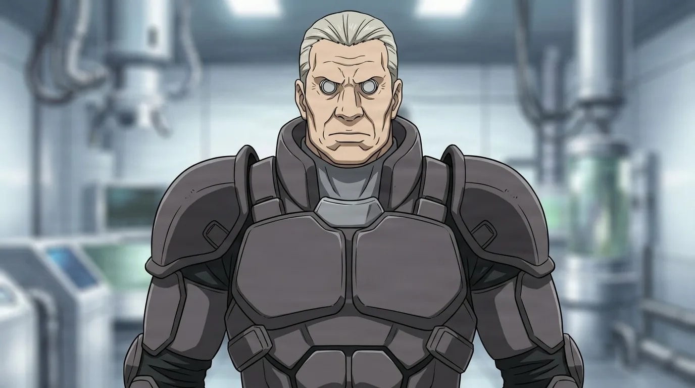 Batou standing grim faced in a sterile lab, silver cybernetic eyes and swept back grey hair, in heavy grey combat armor