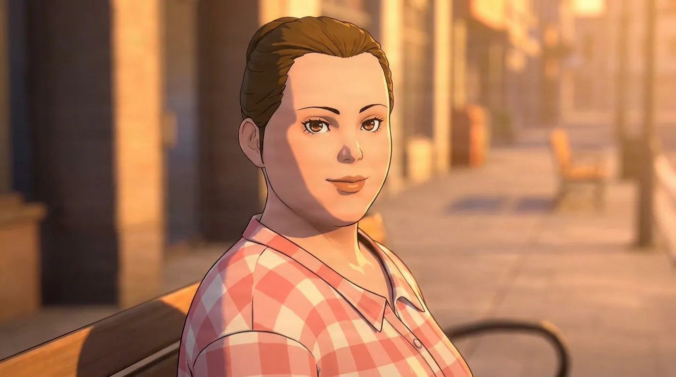Brenda Rucker, a brown-haired woman in a pink checkered shirt, sits smiling on a sunlit street.