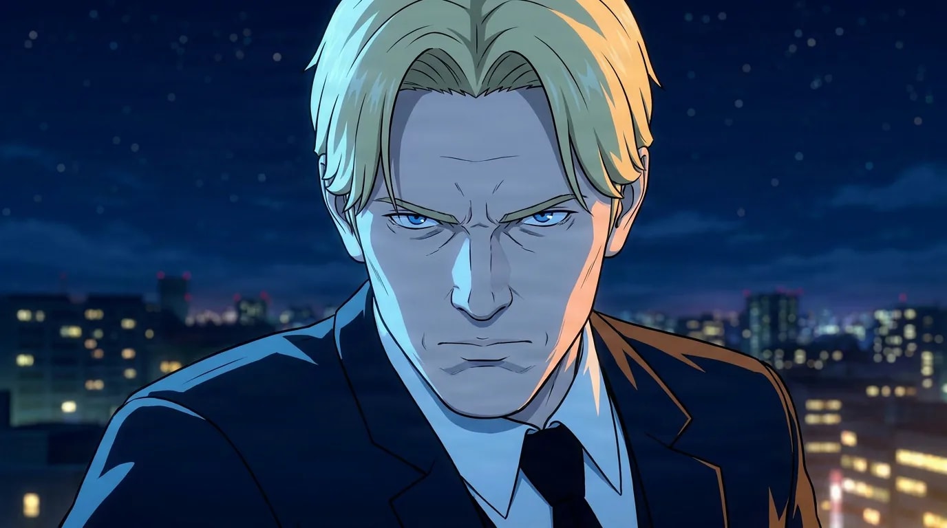 Chris Otomo Tate, a blond man in a dark suit and tie, glares sternly against a nighttime city skyline.