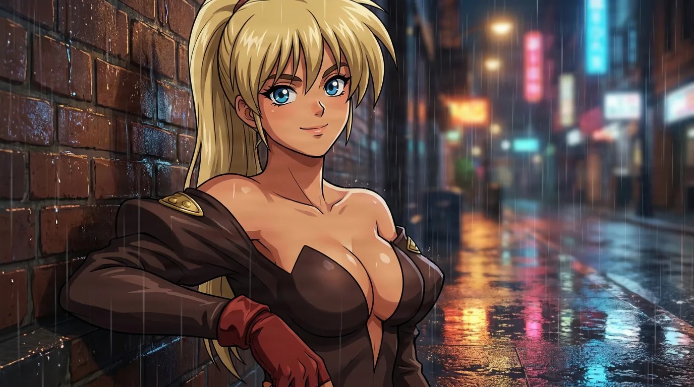 Clarice, a blonde ponytailed woman in a dark off-shoulder outfit and red glove, leans on a brick wall on a rainy neon street.
