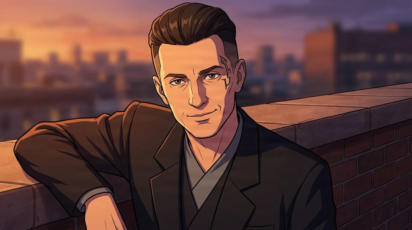 Cutter, a brown-haired man in a dark suit, leans on a rooftop ledge at sunset with a faint smile.
