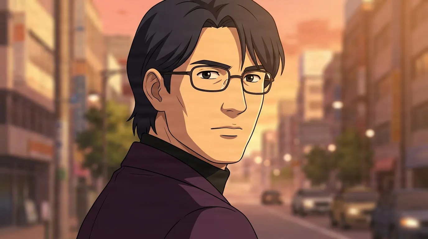 Dobashi, a man with glasses in a dark purple jacket, looks over his shoulder on a city street at sunset.
