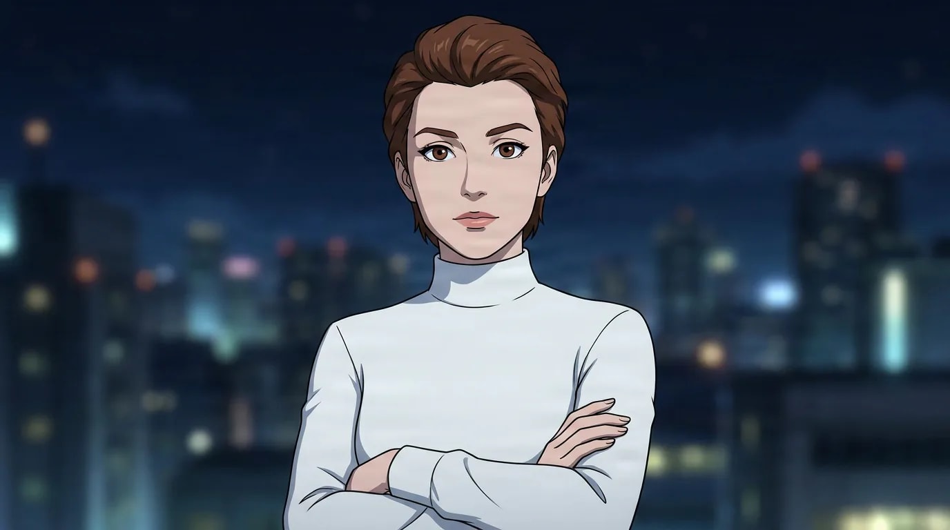 Dr. Dahlin, a short-haired woman in a white turtleneck, stands with arms crossed before a glowing night city skyline.