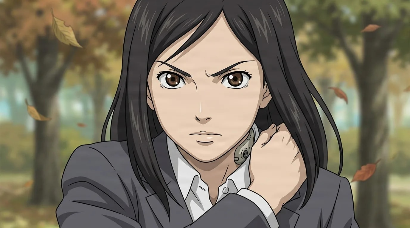 Eka Turkuro, a long black-haired woman in a gray suit with a neck port, clutches her collar amid autumn trees.