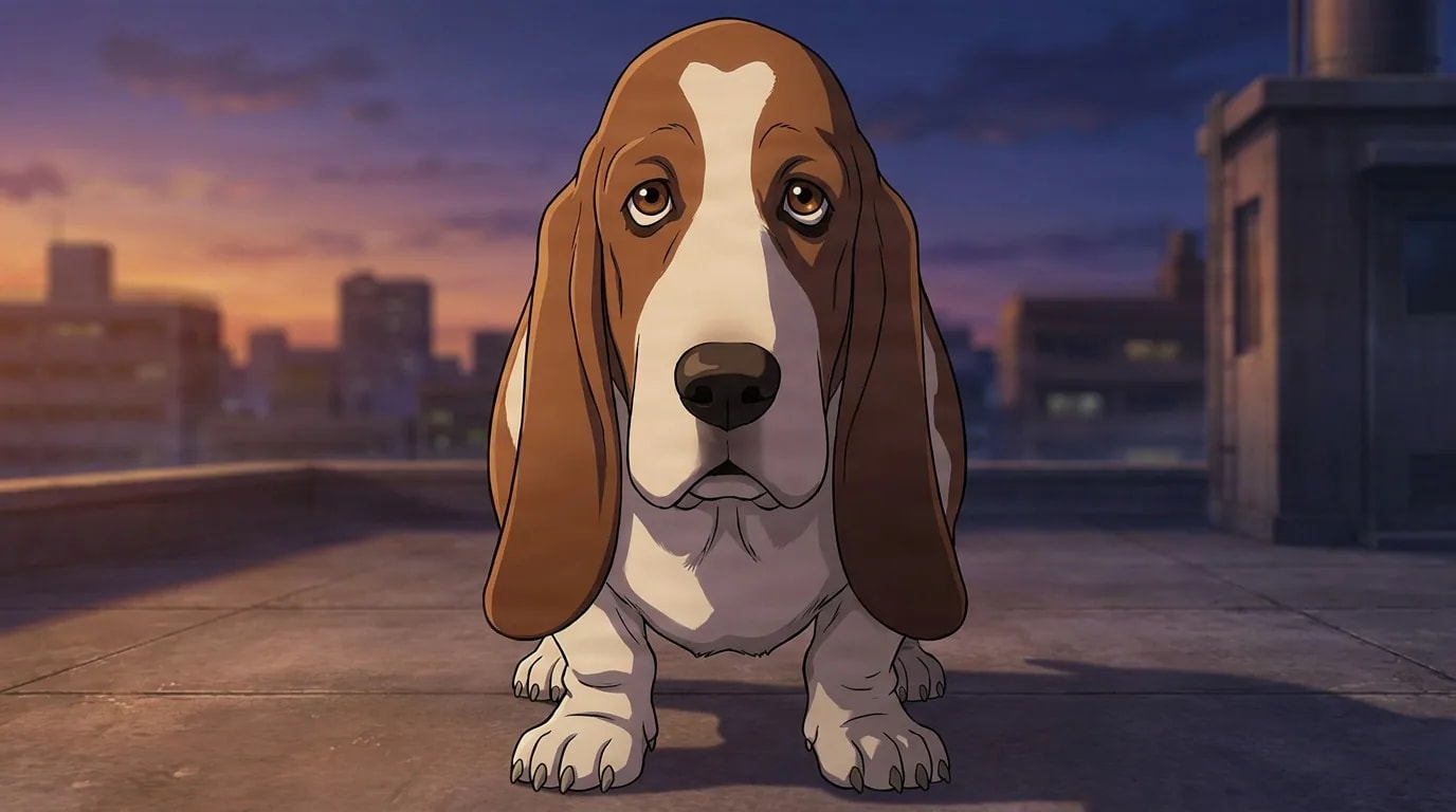 Gabriel, a brown and white basset hound, stands facing forward on a rooftop at sunset with the city behind.