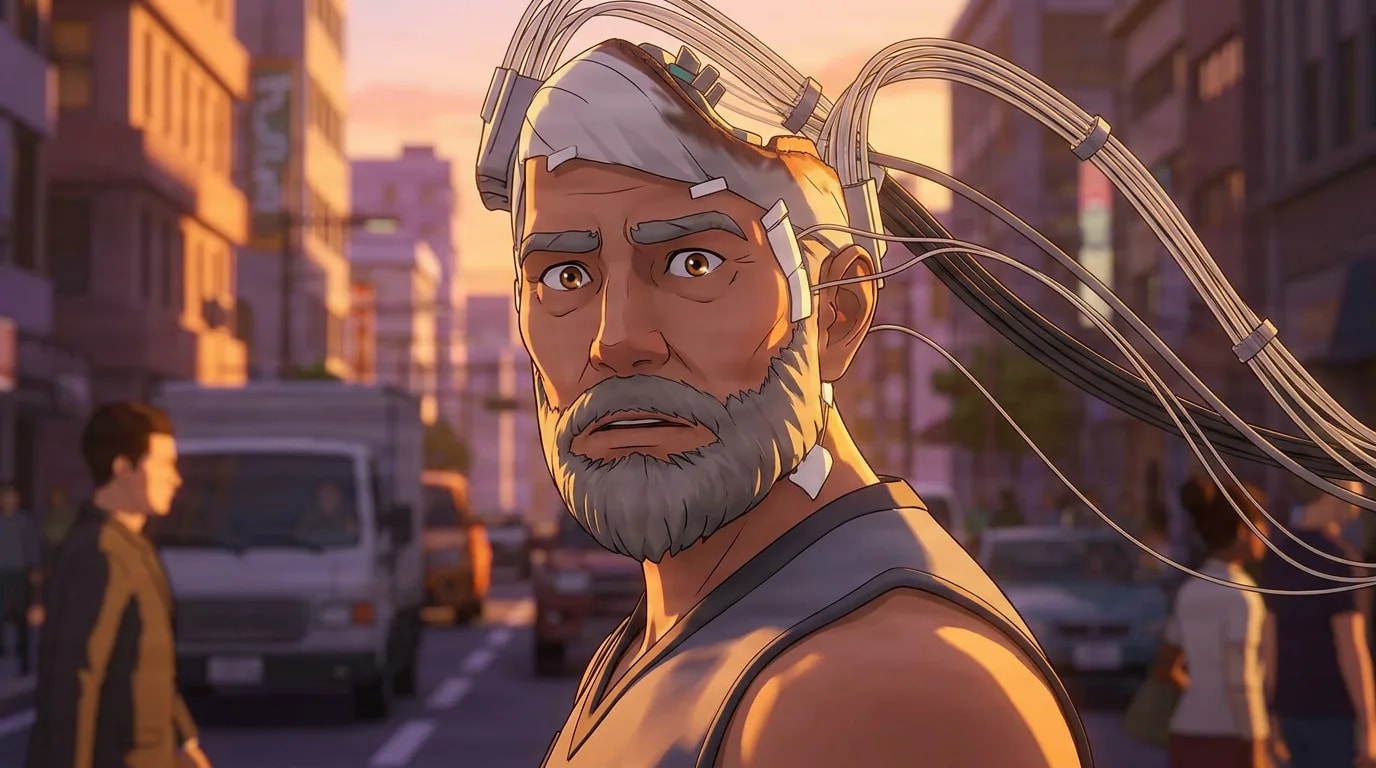 Gary Harts, a gray-bearded man with cybernetic cables running from his head, looks back on a busy sunset street.