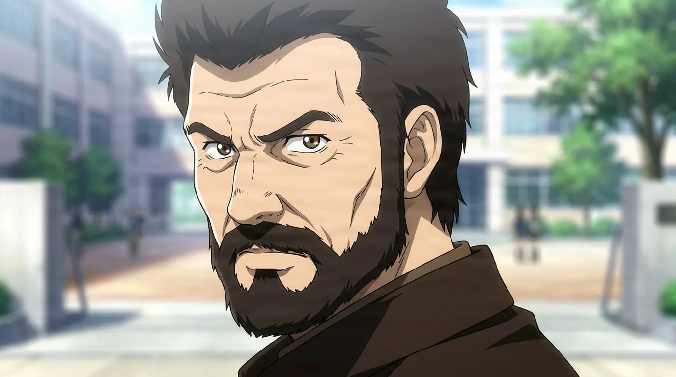 Ishikawa, a bearded man with dark hair and a stern face, looks over his shoulder outside a school building.
