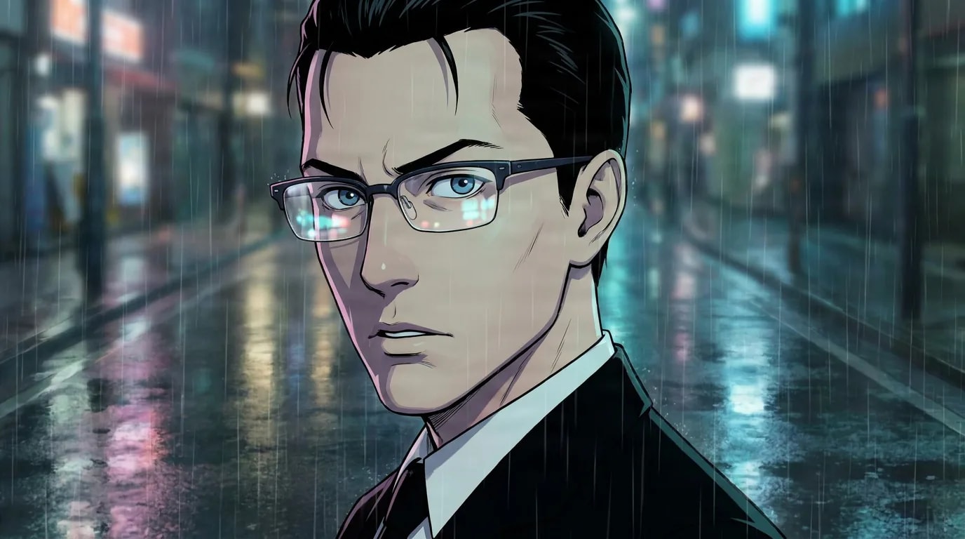 John Smith, a dark-haired man with glasses in a suit, stands on a rain-soaked neon-lit street at night.