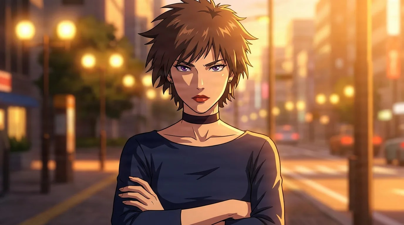 Kaori Kawashima, a woman with tousled brown hair and a choker, stands with crossed arms on a golden-lit city street.
