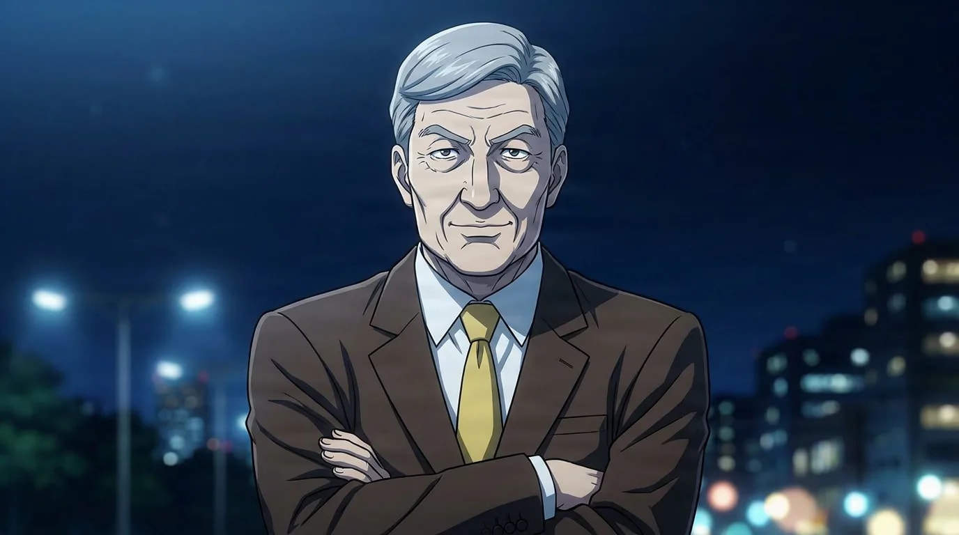 Kaoru Yakushima, a gray-haired man in a brown suit and yellow tie, stands with arms crossed on a city street at night.