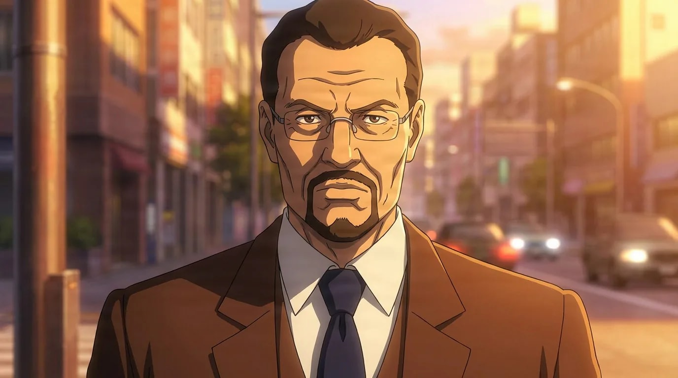 Kubota, a stern older man with a goatee and glasses in a brown suit and tie, stands on a sunlit city street.