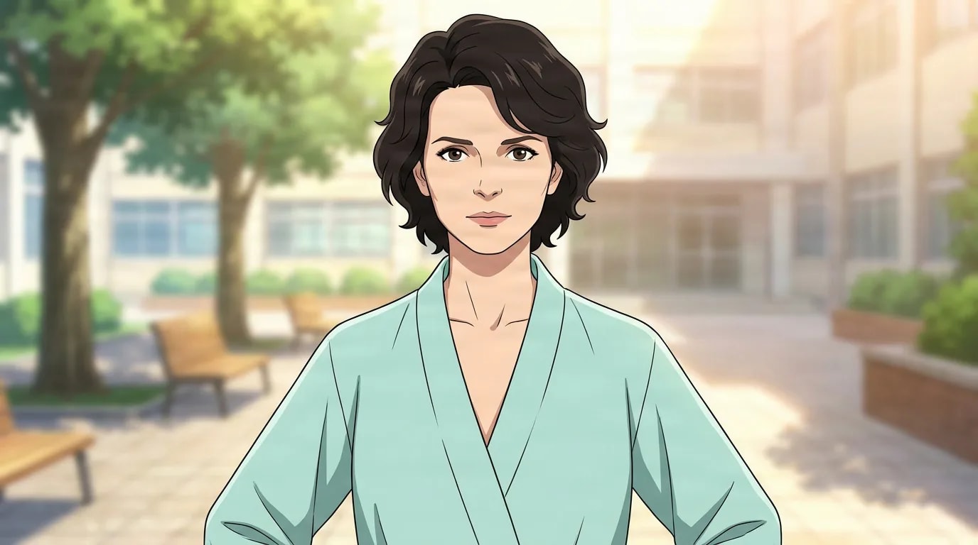 Dr. Ouelet, a dark-haired woman in a pale green robe, stands with a calm expression in a sunlit courtyard.