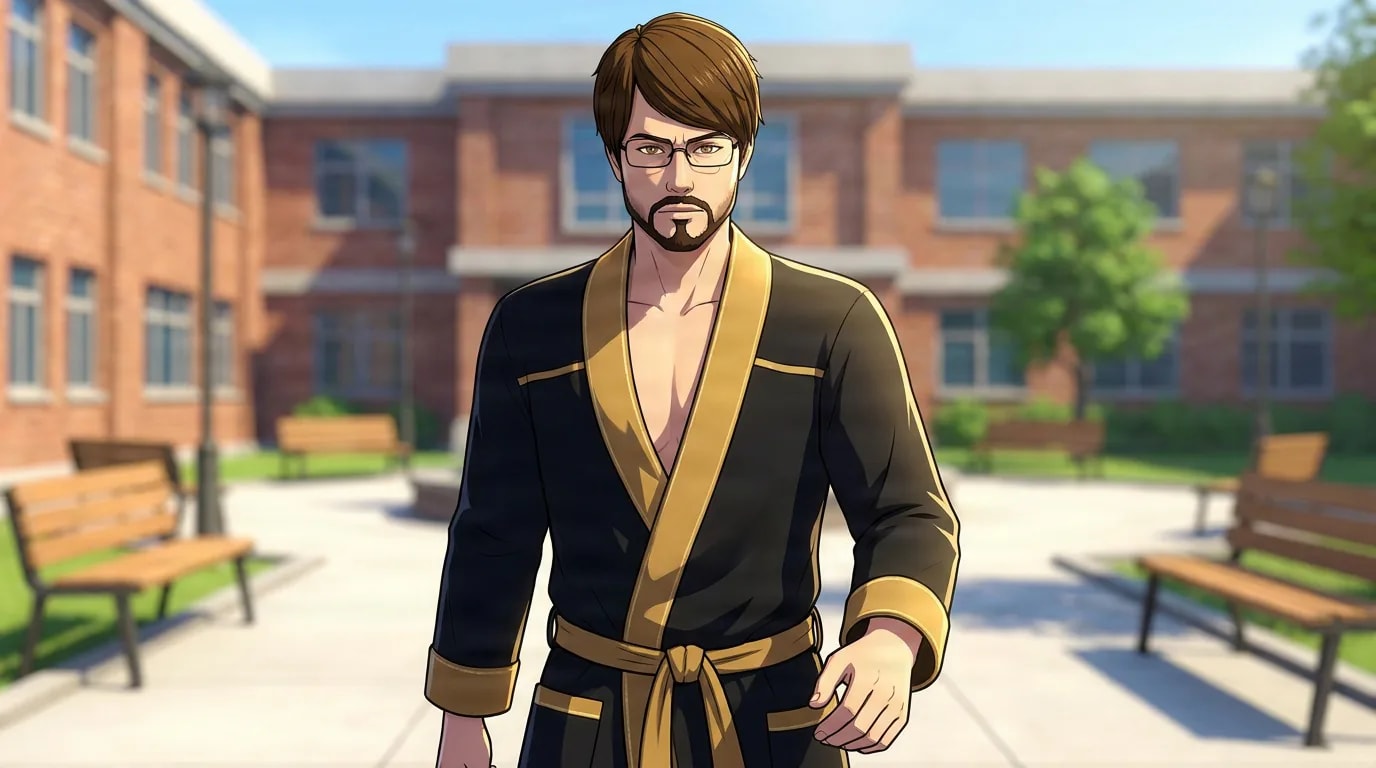 Patrick Huge, a bearded man with glasses in a black and gold robe, stands in a sunny courtyard.