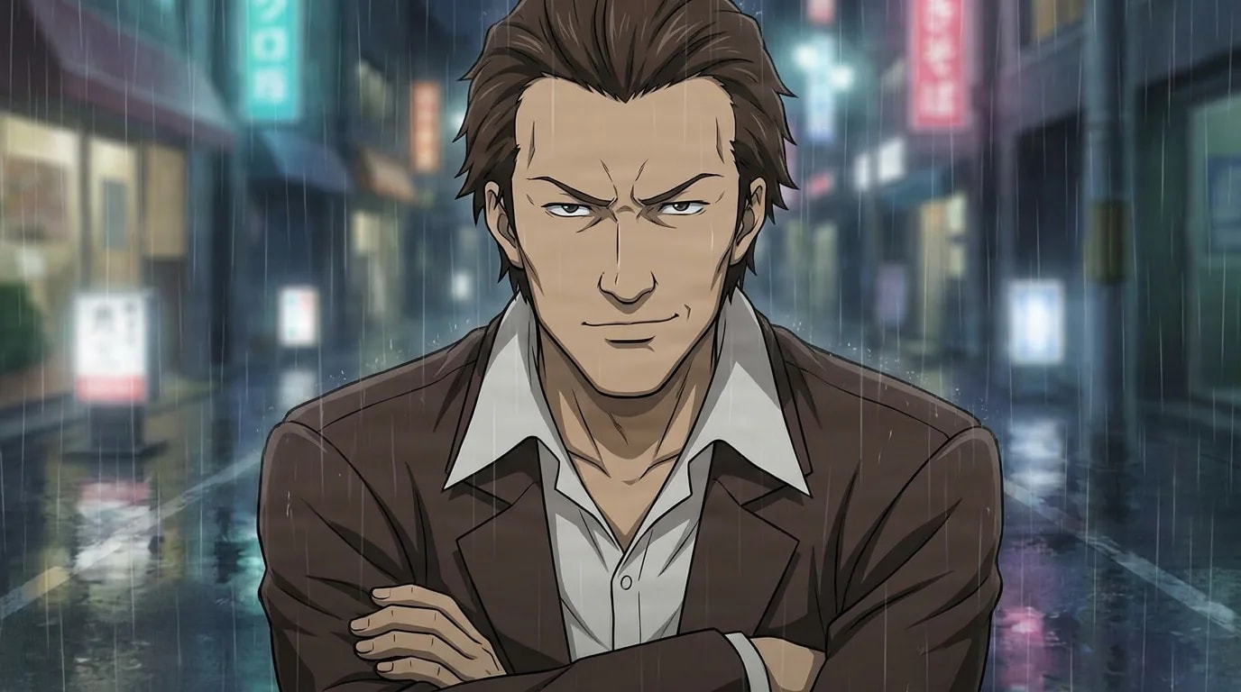 Pazu, a brown-haired man in a brown jacket, stands with crossed arms on a rainy neon-lit street at night.