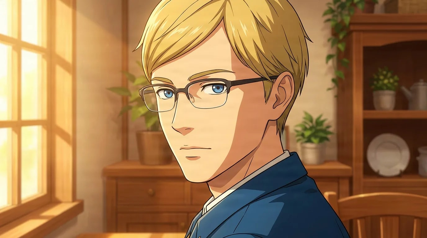 Philip Kukushkin, a blond man with glasses in a blue shirt, glances over his shoulder in a warm sunlit room.