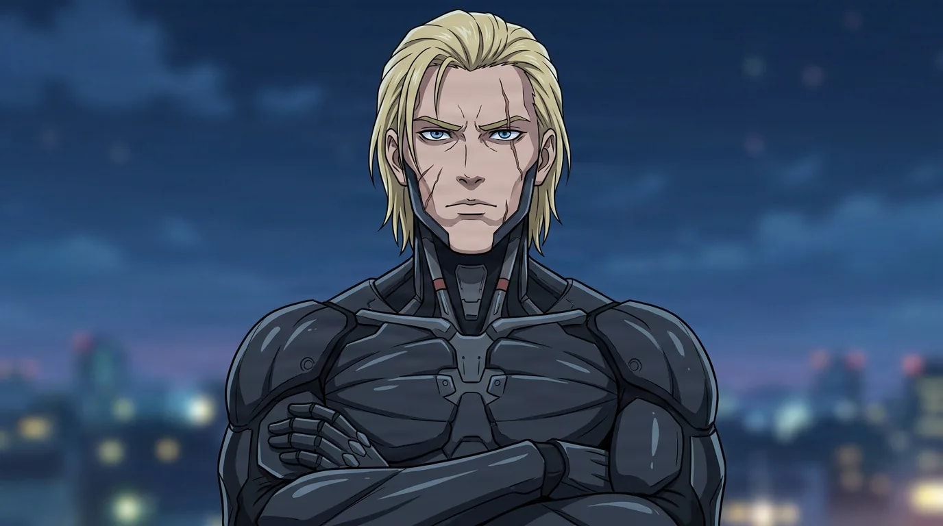 Puppet Master, a blond man with a scarred face in sleek black armor, stands with crossed arms against a night skyline.