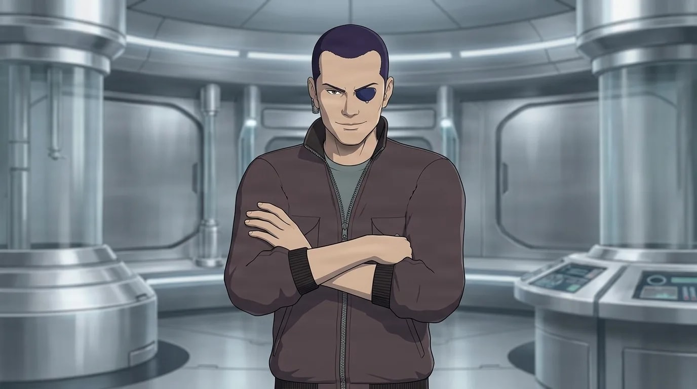 Saito, a man with an eye patch and short hair in a brown jacket, stands with arms crossed in a metallic sci-fi room.