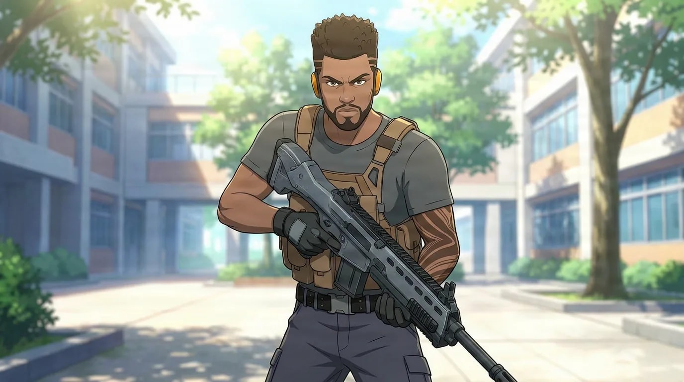Standard, a muscular bearded man in a tactical vest, holds an assault rifle in a sunny school courtyard.
