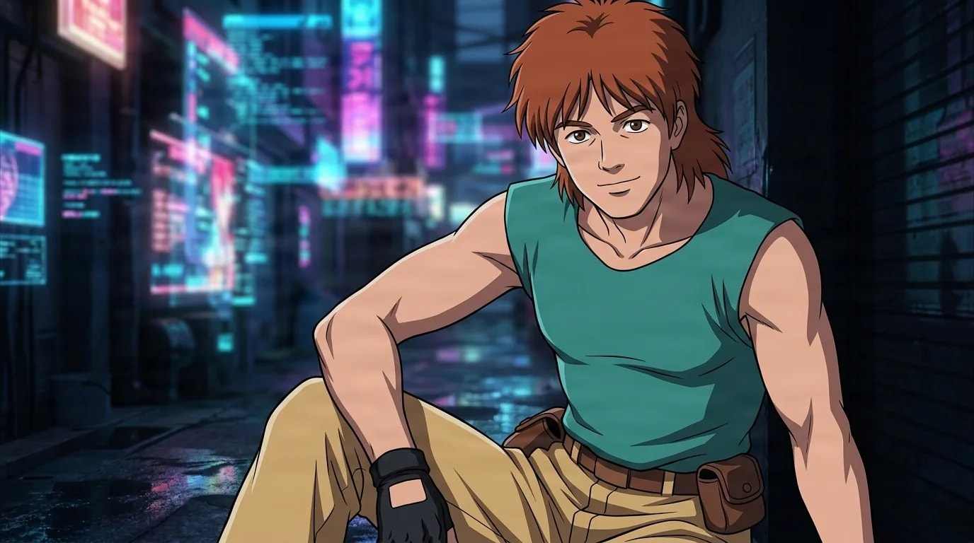 Togusa, a red-haired young man in a teal sleeveless top and tan pants, crouches in a neon-lit cyberpunk alley.