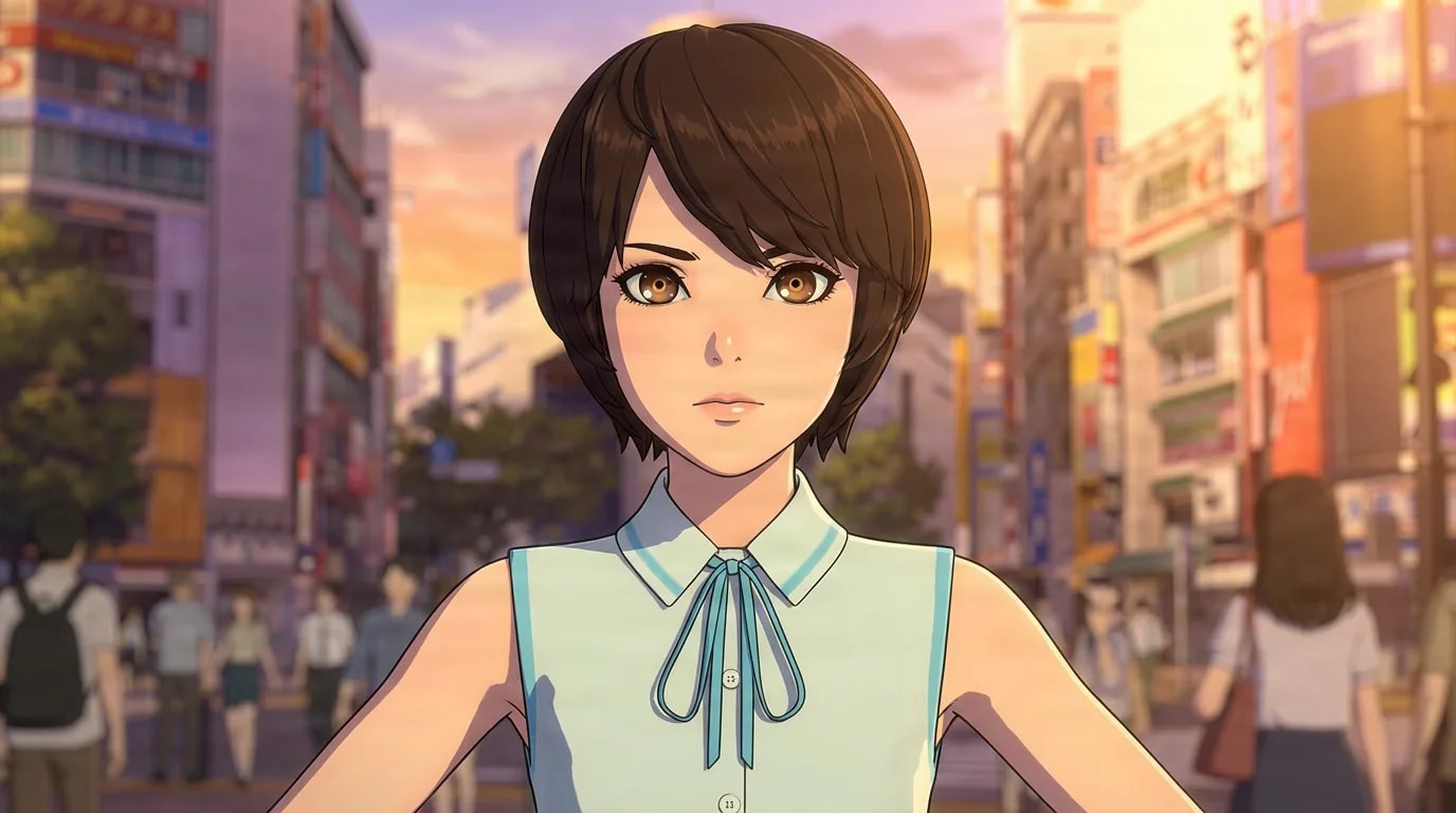 Yuzu, a short-haired young woman in a pale blue sleeveless blouse, stands with hands on hips at a busy city crossing at sunset.