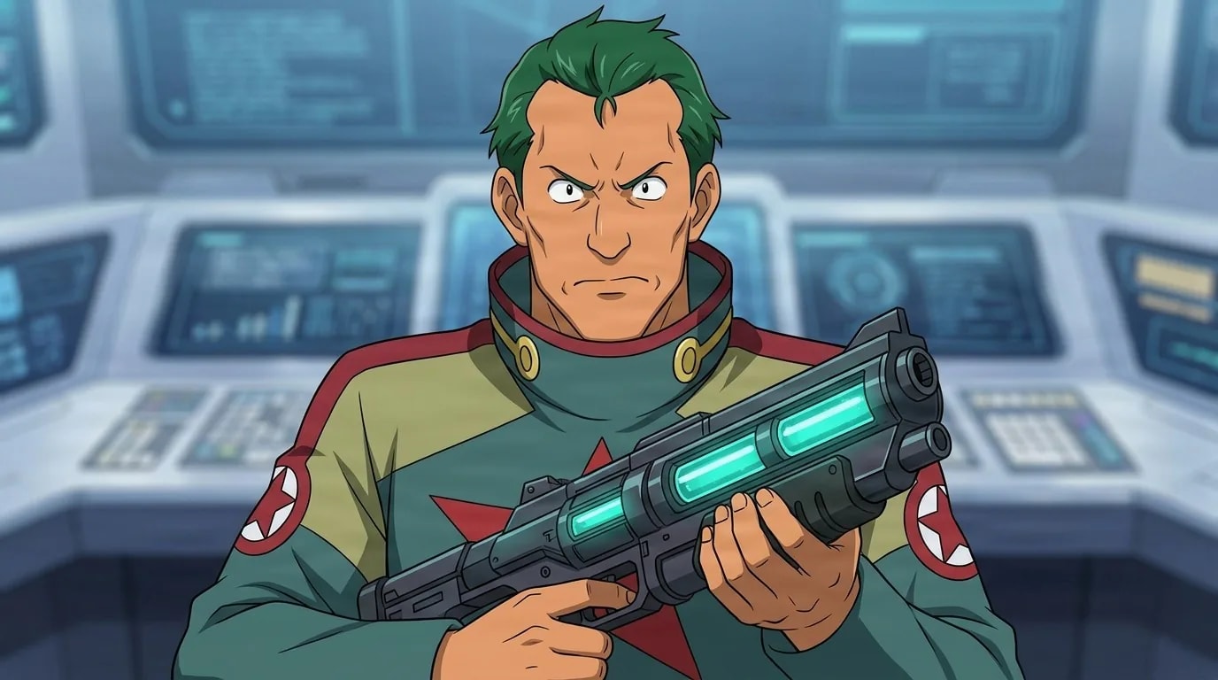 Dayakka Littner, a green haired officer in a red star uniform, gripping a glowing rifle on a bridge lined with blue screens