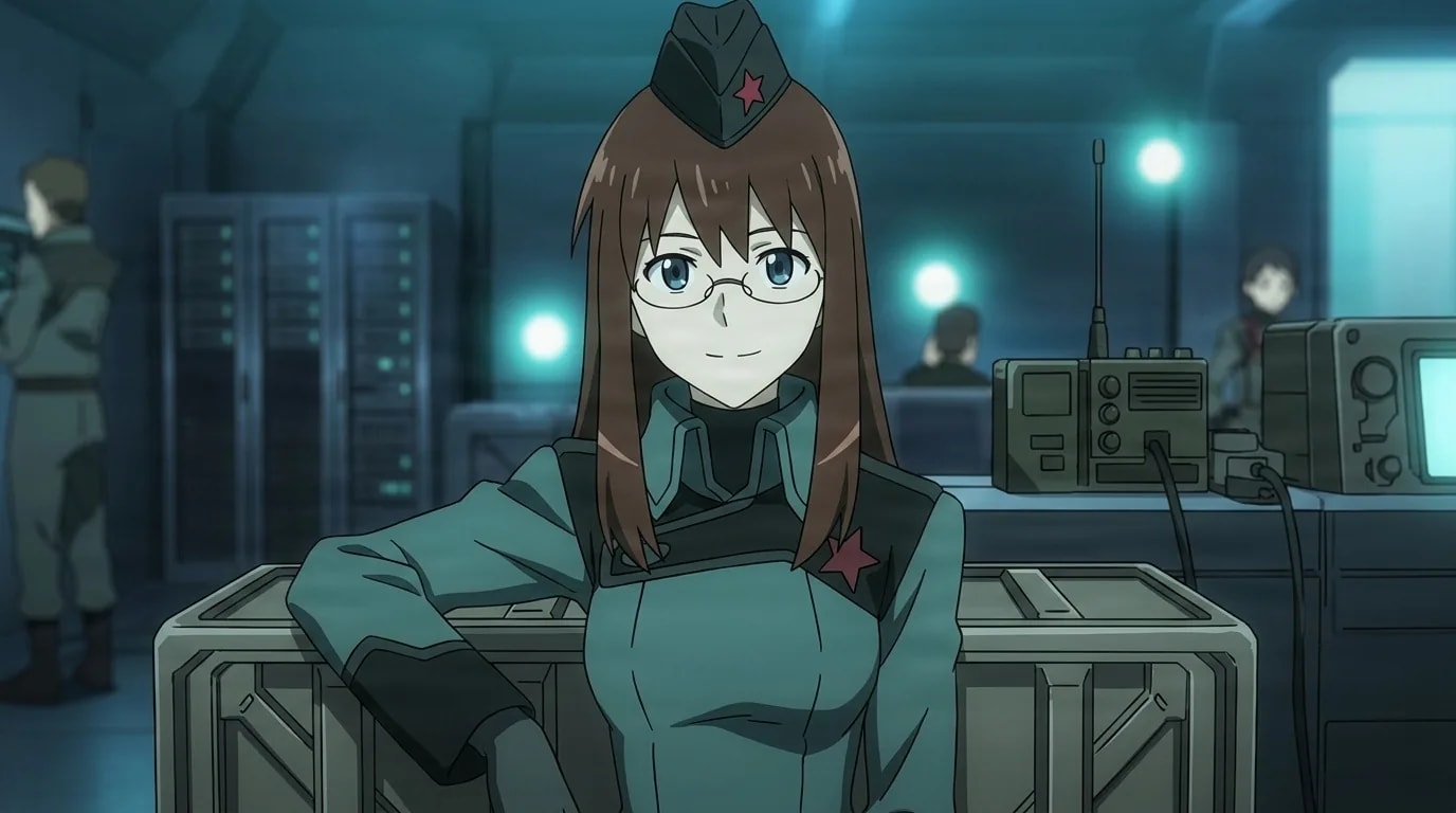 Kinon Bachika, a brown haired woman in glasses and a red star garrison cap, smiling in a teal lit radio control room