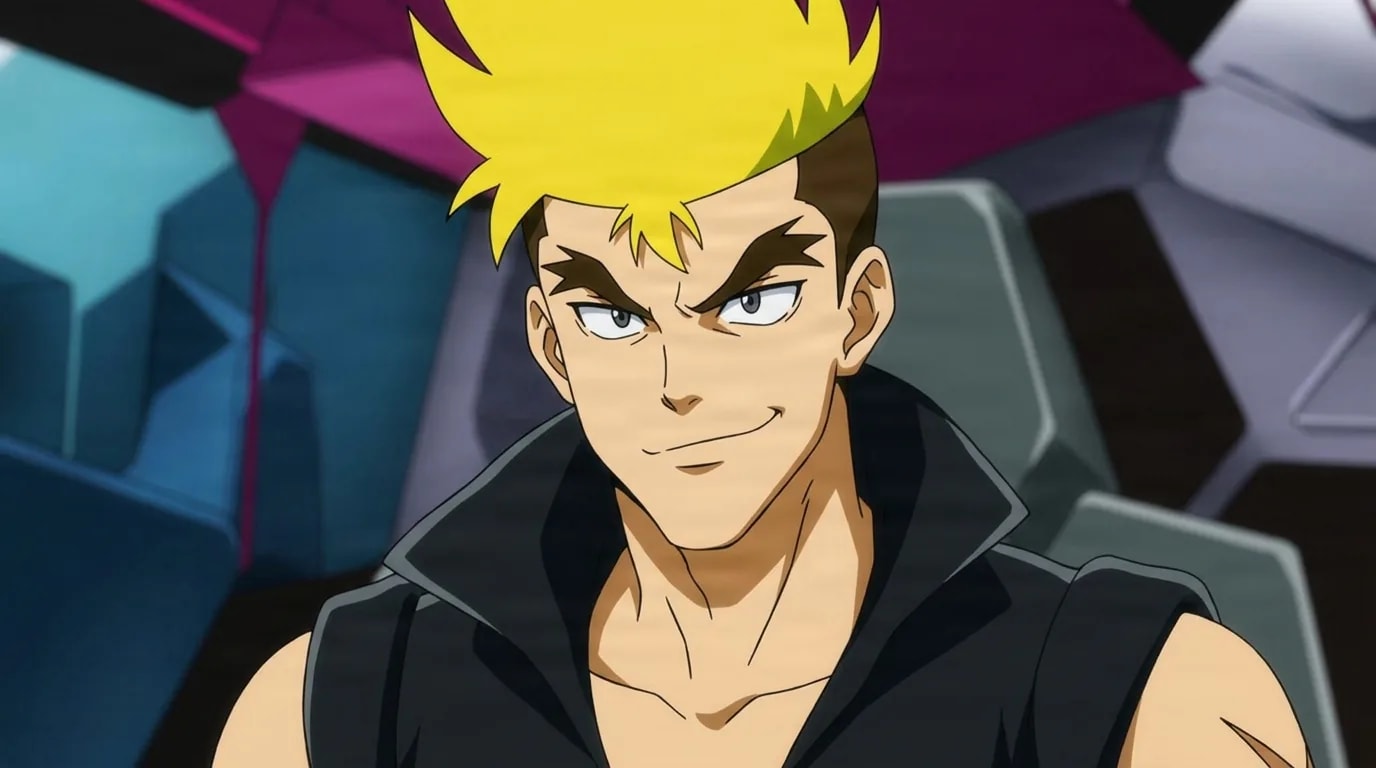 Kittan Bachika from Gurren Lagann in a close-framed cel-shaded anime scene with a detailed environment