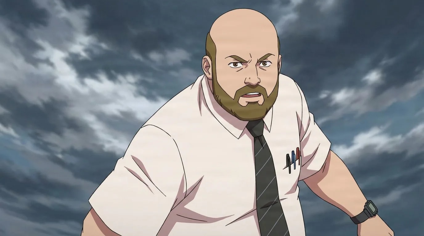 Adam Wilkins, a bald bearded man in a white shirt and tie with pens in his pocket, leans forward under a cloudy sky.