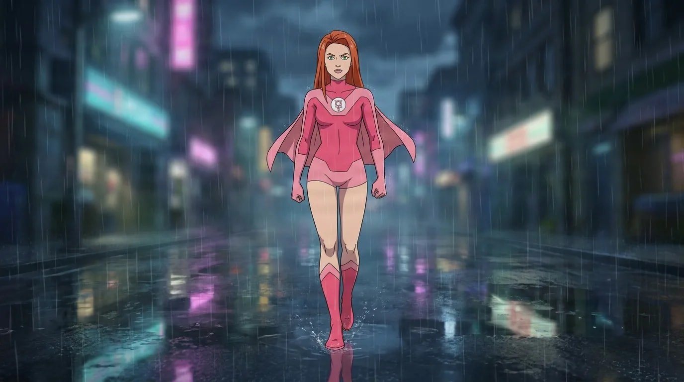 Atom Eve, a red-haired heroine in a pink caped costume, walks down a rainy neon city street at night.