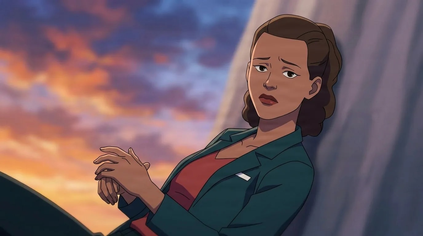 Barnett in a teal jacket over a red top, hands clasped and brow furrowed against an orange sunset sky