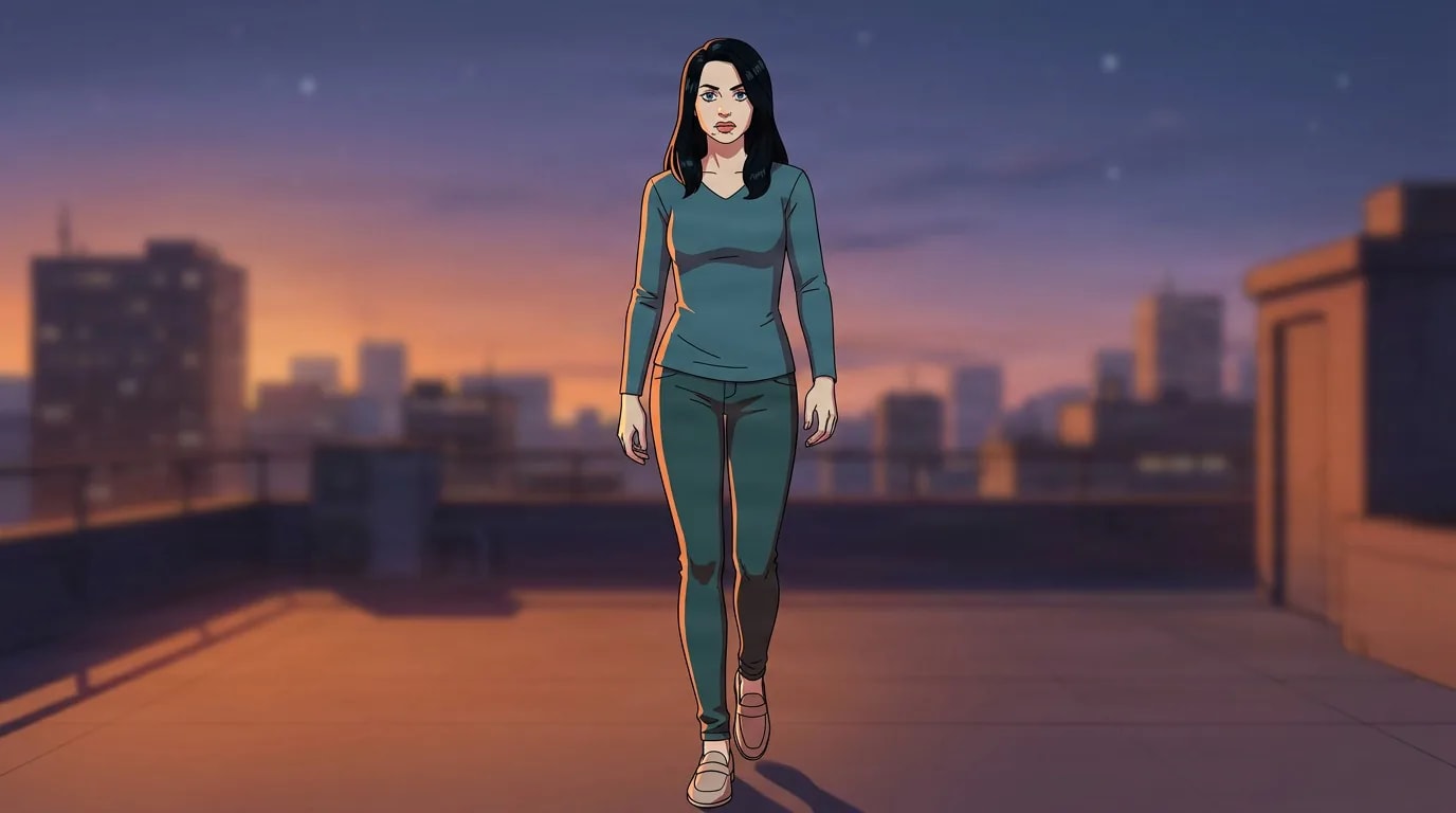 Becky Duvall, a black-haired woman in teal, walking across a rooftop at dusk with a city skyline behind her.