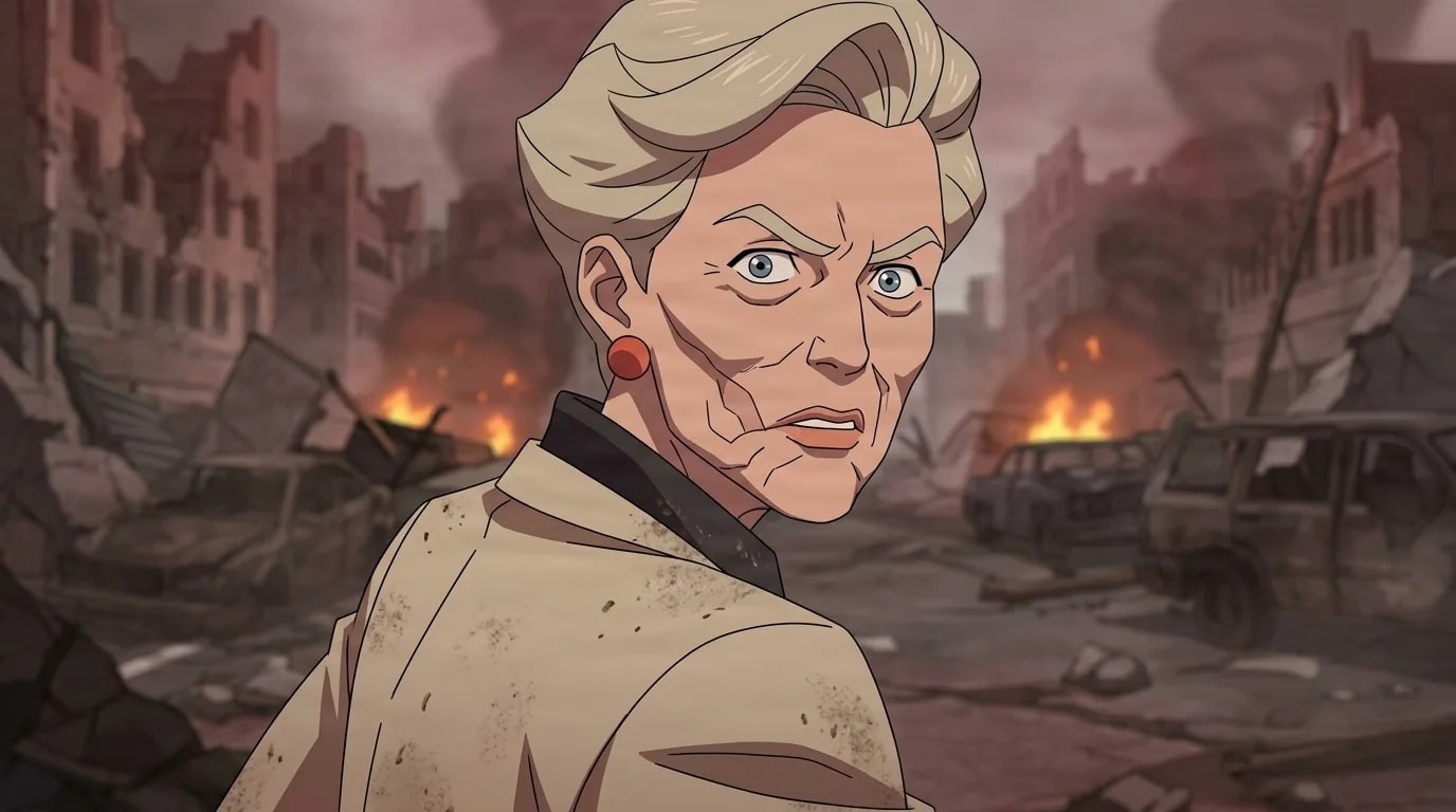 Caitlin Stedman turning with a furious grimace, short blonde hair and dust-streaked tan coat, burning wrecked city behind her