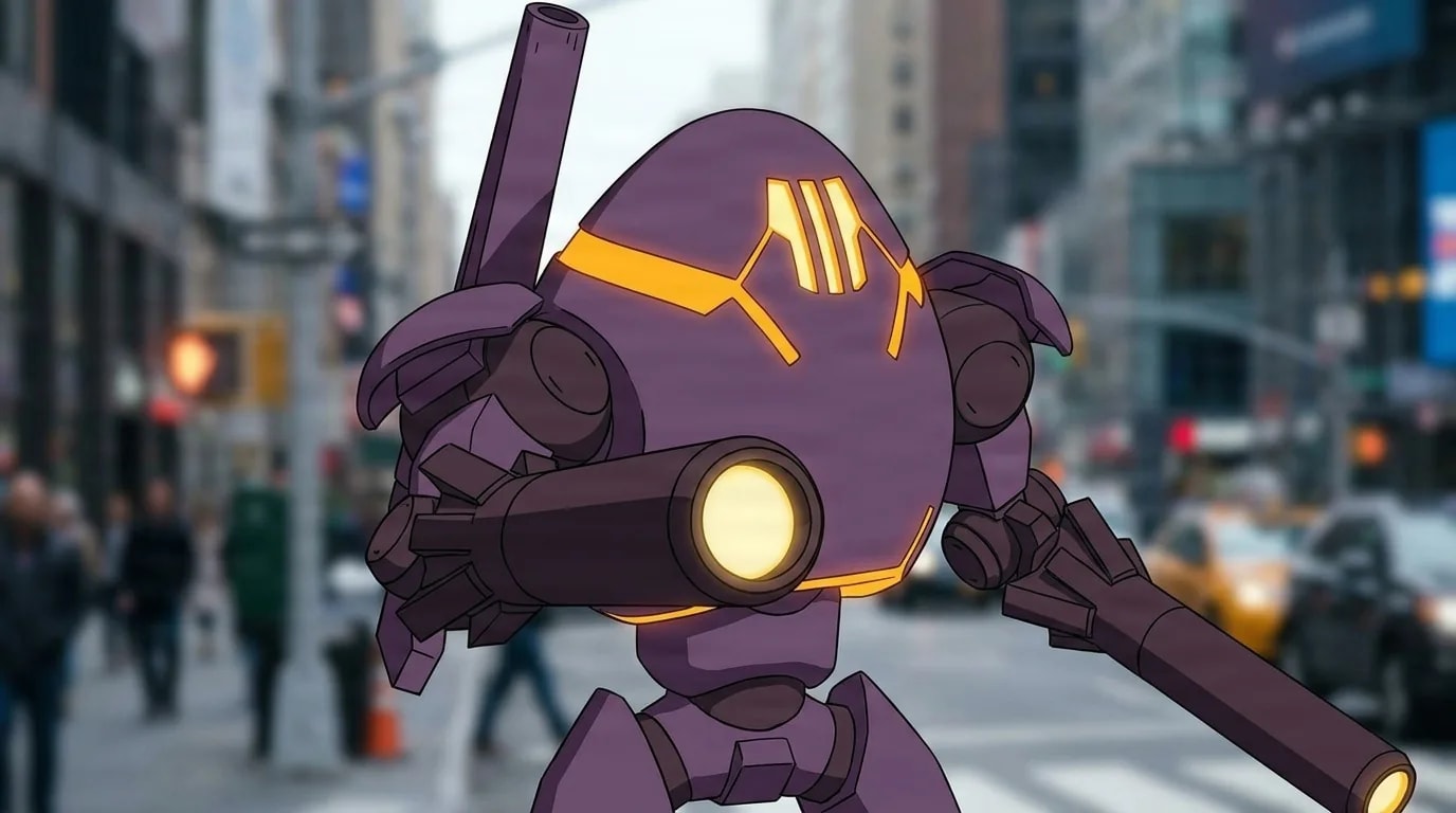 オレンジ色に光るベントとキャノンアームを備えた紫色のアーマー姿で、賑やかな街の通りに立つファーネス