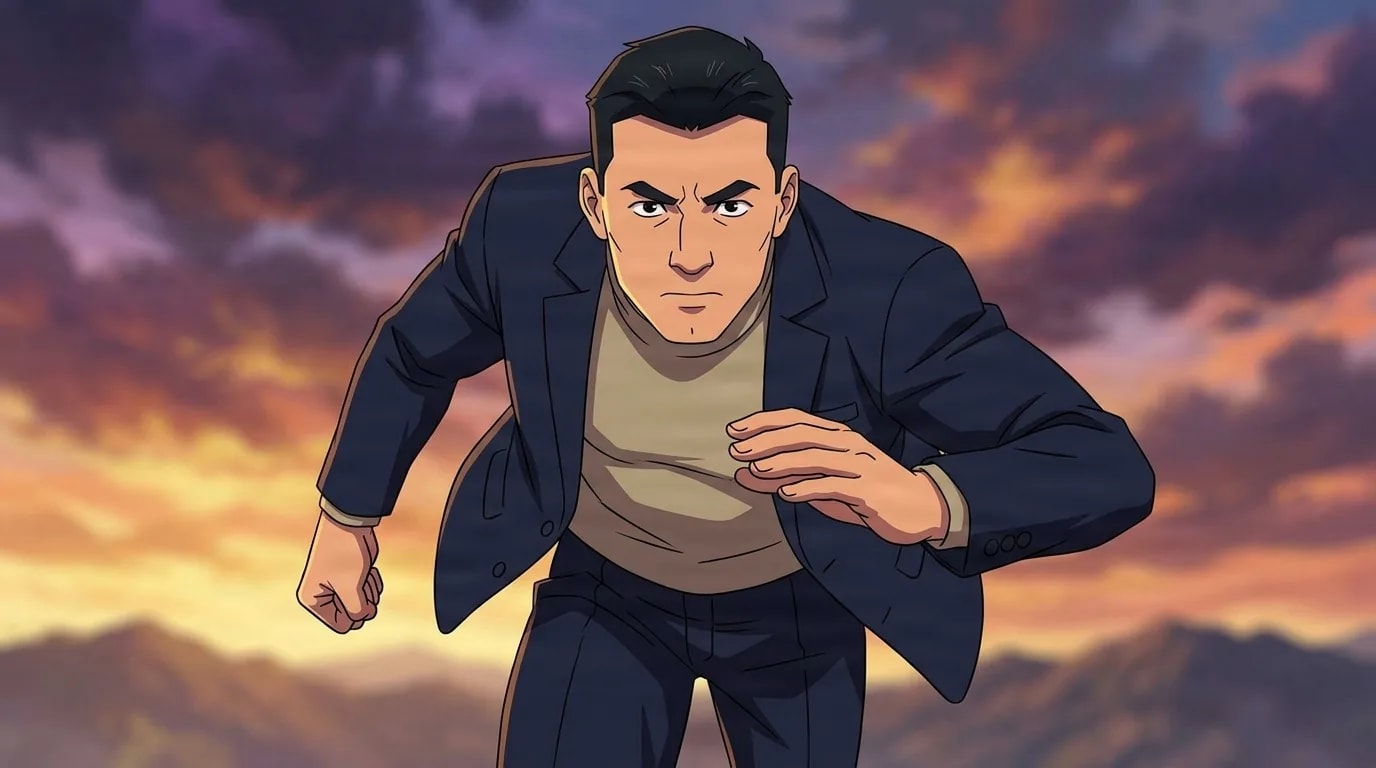 ポール。濃紺のブレザーを着た黒髪の男性。山あいの夕暮れを背に前かがみになっている。