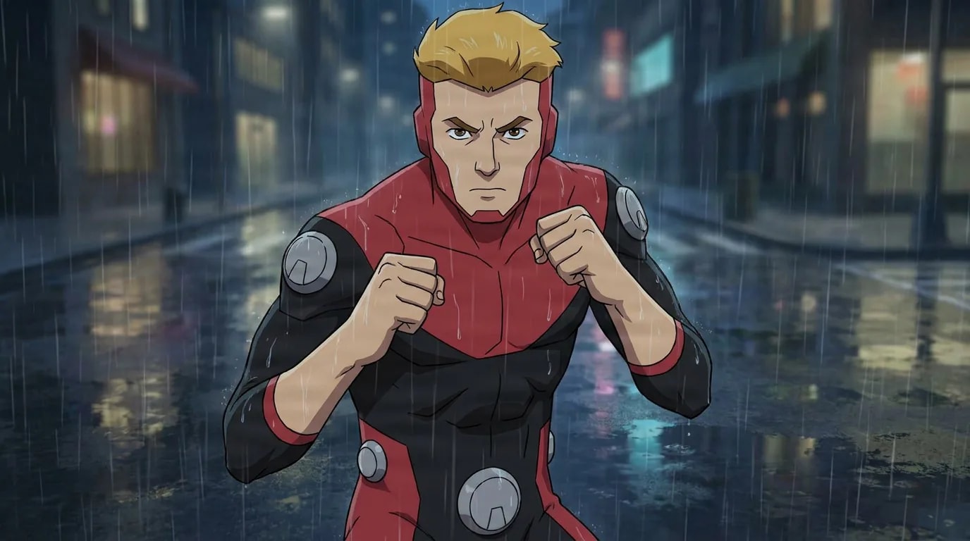 パワープレックス。灰色の円盤をあしらった赤と黒のスーツを着た金髪の男性。雨の夜の通りで拳を構えている。