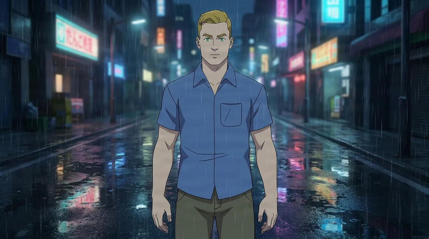 リック・シェリダン。青い半袖シャツにオリーブ色のパンツを合わせた金髪の若い男性。雨の降る夜、ネオンの街路に立っている。