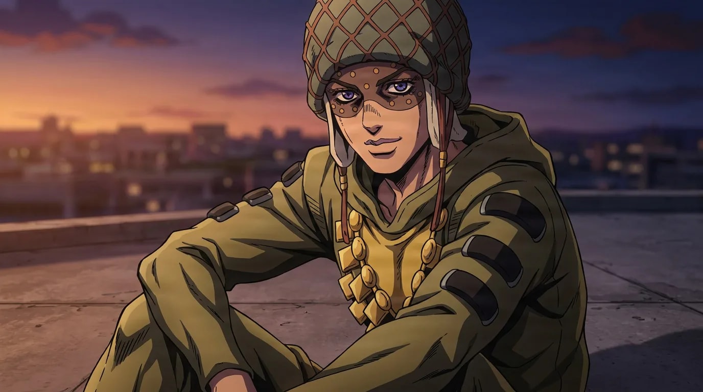 Axl RO sits on a rooftop in a netted helmet and olive hooded outfit with gold ornaments at sunset.