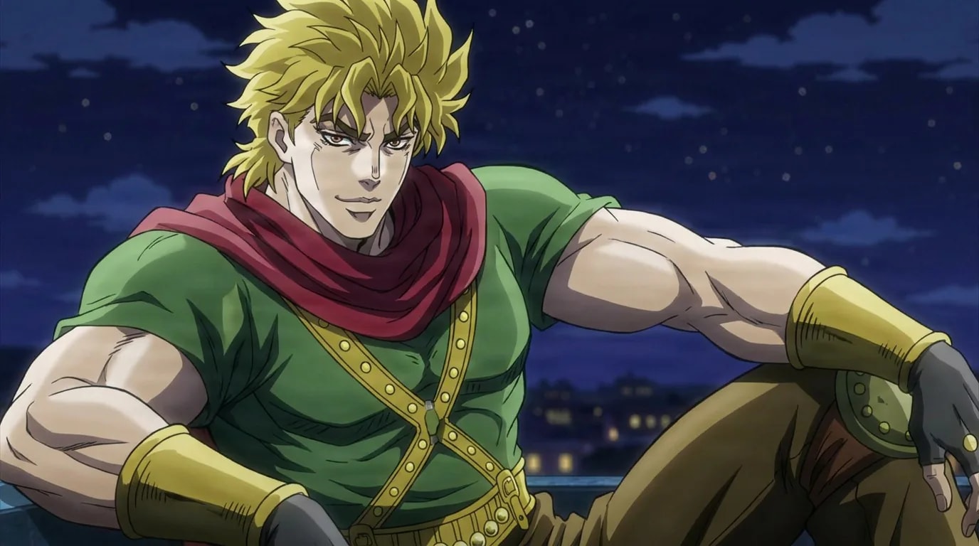 Dio Brando, a blond man in a green shirt and red scarf, seated on a rooftop under a starry night.