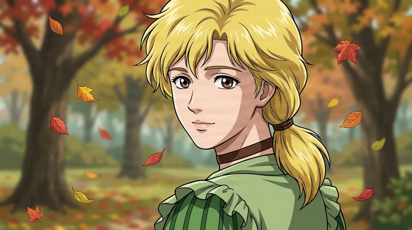 Erina Pendleton looks over her shoulder in a green Victorian dress amid falling leaves in an autumn park.