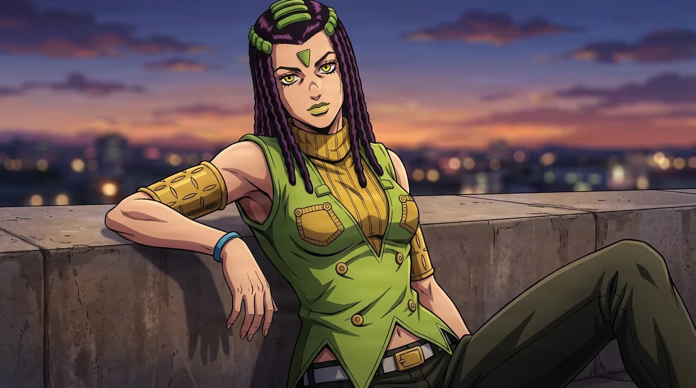 Ermes Costello reclines against a rooftop ledge in a green vest and yellow turtleneck above city lights at dusk.