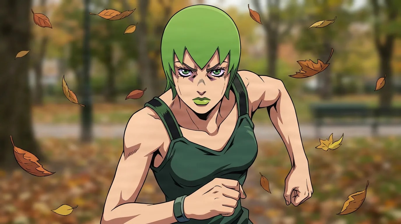 Foo Fighters runs through an autumn park in a dark green tank top with green bob hair and falling leaves around.