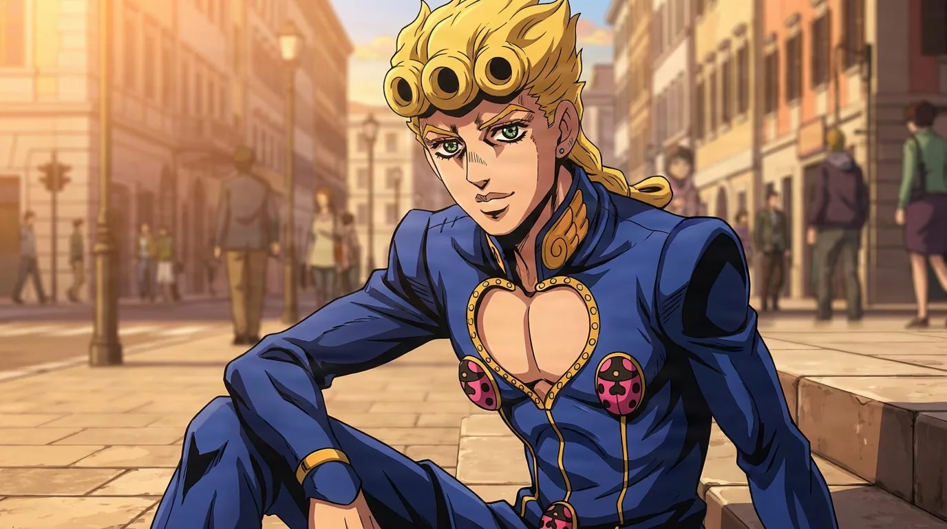 Giorno Giovanna, a blond young man in a blue heart-cutout suit, seated on steps in an Italian street.