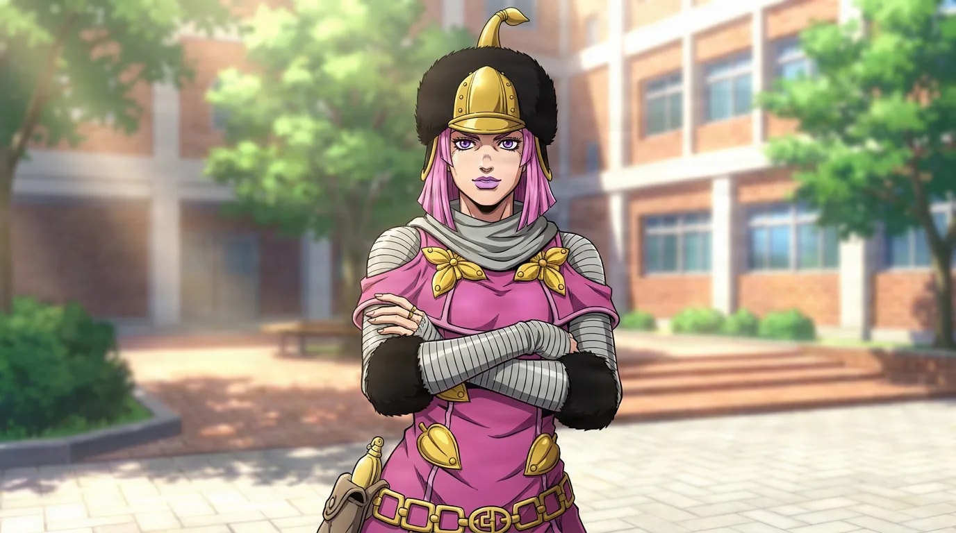 Hot Pants stands with arms crossed in a golden helmet and pink armored habit in a school courtyard.