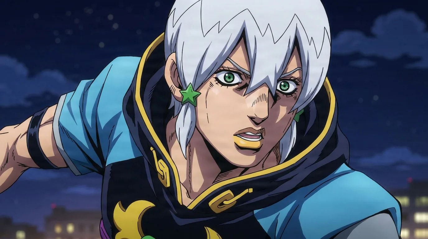 Jodio Joestar leans forward in a black and blue hooded jacket with a star earring against night city lights.