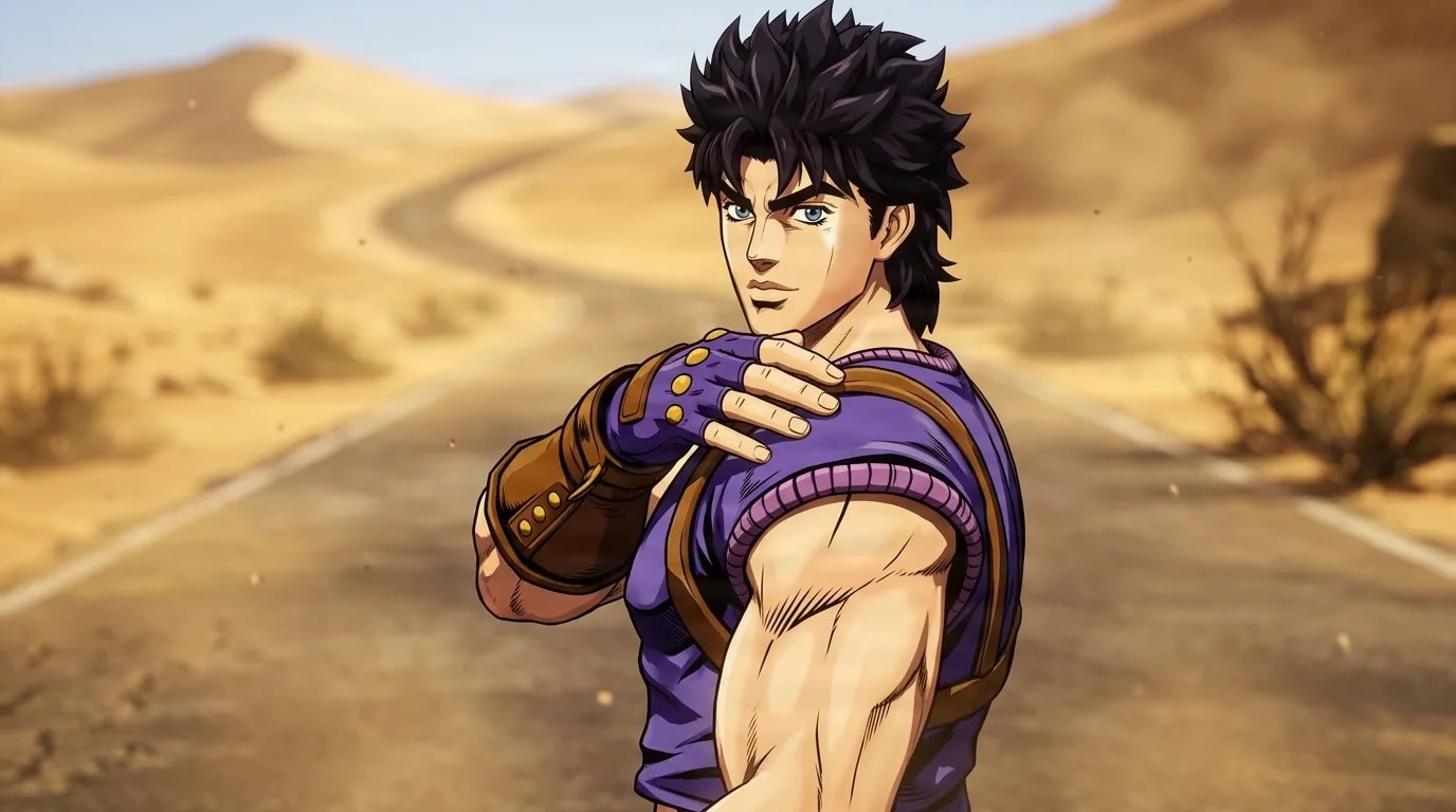 Jonathan Joestar with spiky dark hair in a purple tank top, gripping his shoulder while standing on a desert road.