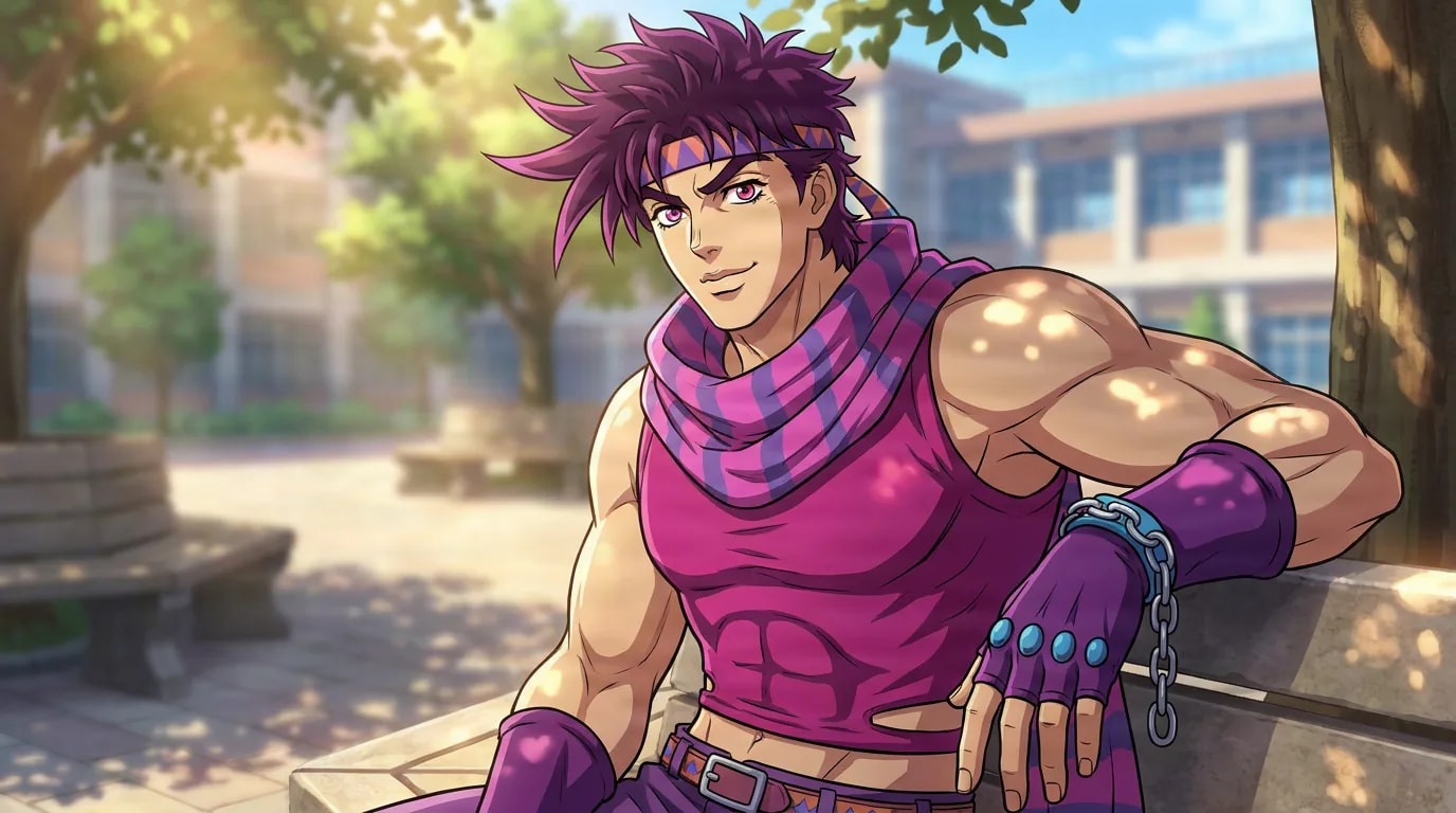Joseph Joestar, a muscular young man with purple hair and a headband in a pink top, in a sunlit courtyard.