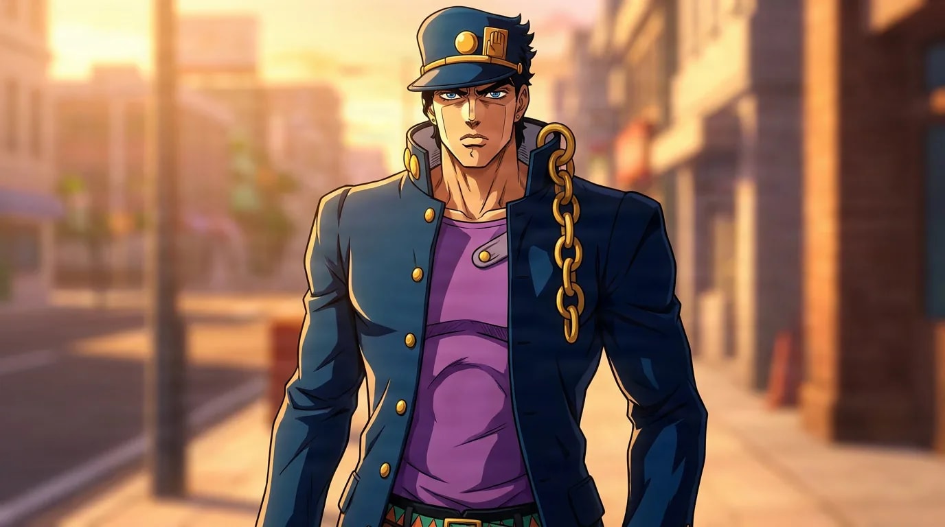Jotaro Kujo, a tall stern man in a dark peaked cap and coat with a gold chain, on a sunset street.