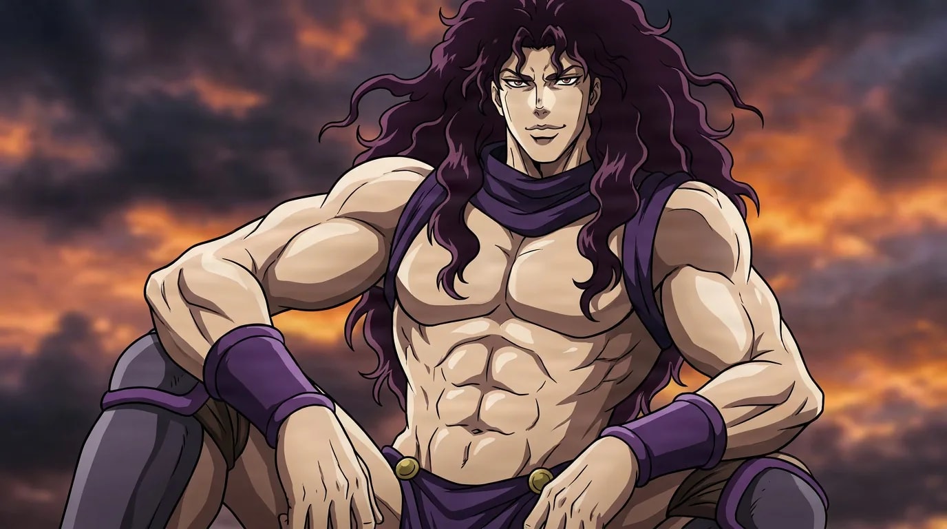 Kars, a muscular long-haired man, bare-chested with a purple scarf, crouched against orange sunset clouds.