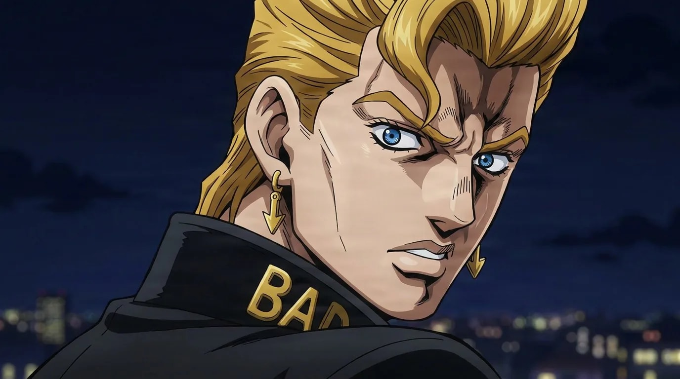 Keicho Nijimura looks over his shoulder in a black jacket with gold lettering against night city lights.